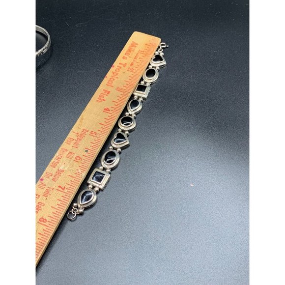 Sliding charms bracelet Black Onyx Sterling Silver vintage hearts and geometric - Picture 5 of 5